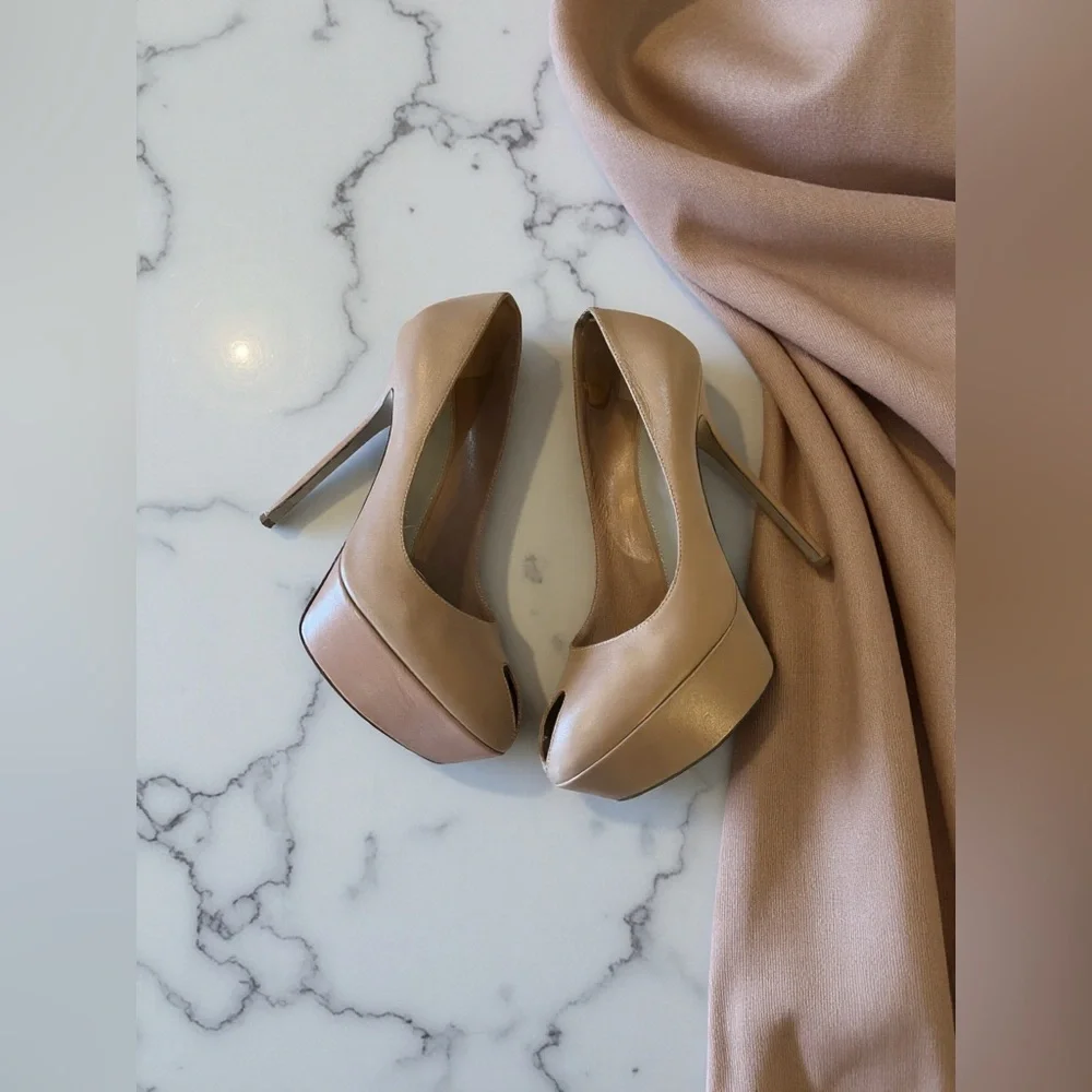 Sergio Rossi Taupe Neutral Peep Toe Platform High Heels